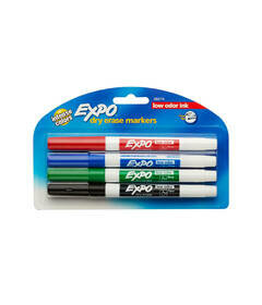 EXPO Low-Odor Dry-Erase Markers, Fine Point, Assorted Colors, Pack Of 4