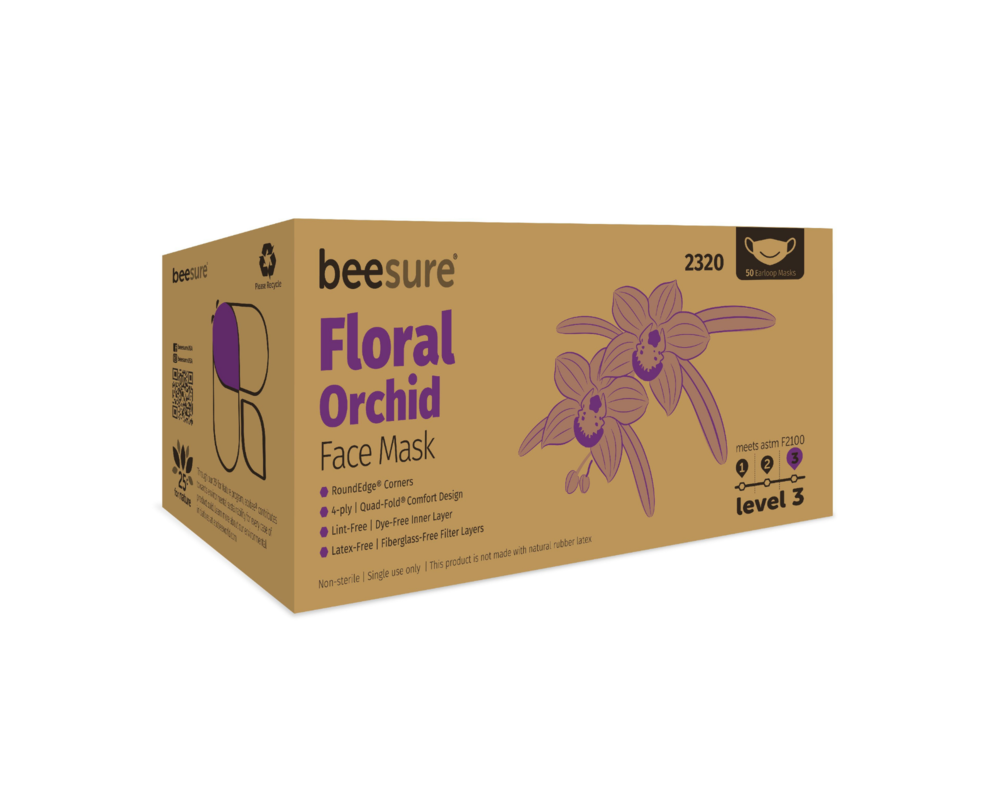 Cranberry 2320 BeeSure Earloop Face Masks, ASTM Level 3, Orchid Floral Lavender - 50 Pack
