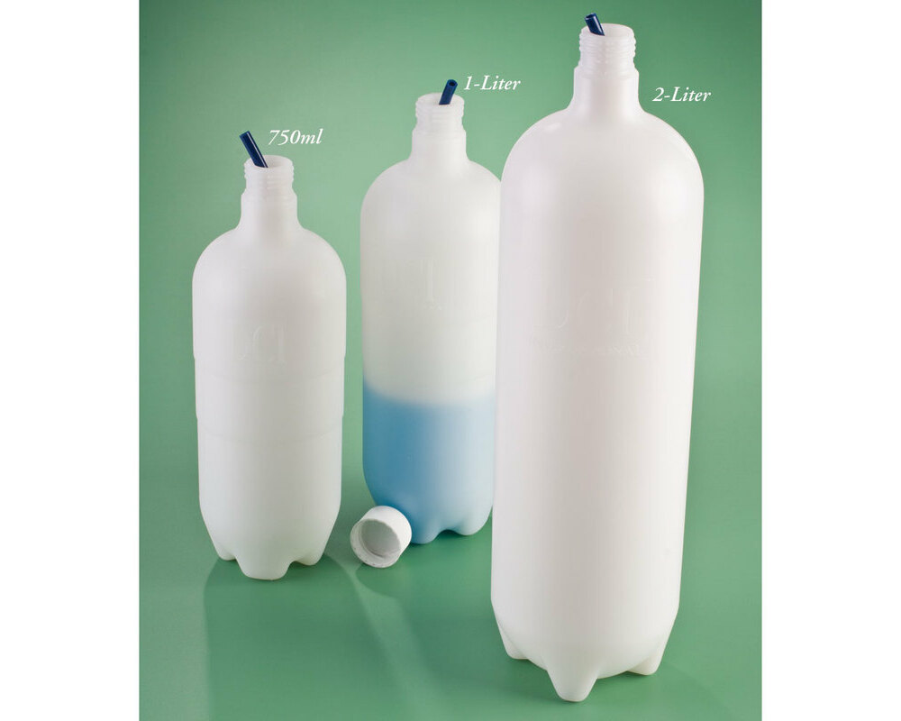 Three plastic bottles labeled 750ml, 1-Liter, and 2-Liter displayed against teal background